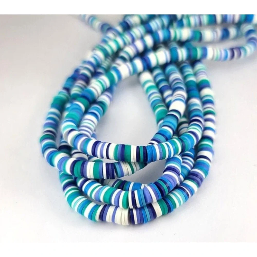 3 Strands of 6MM Polymer Clay Heishi Beads, blue,‎ green & white mix